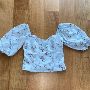Floral Puff Sleeve Light Blue Top